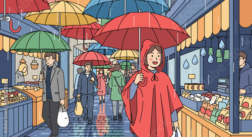 Rainy day stroll, colorful umbrellas creating a canopy over outdoor market