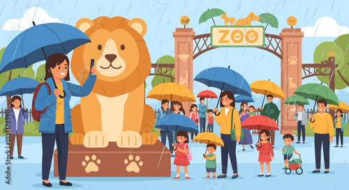Rainy zoo visit with families enjoying despite the weather cartoon style