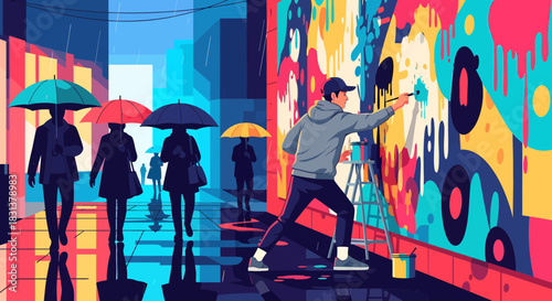 Urban Expression: Graffiti Artist at Work Amidst a Rainy Cityscape