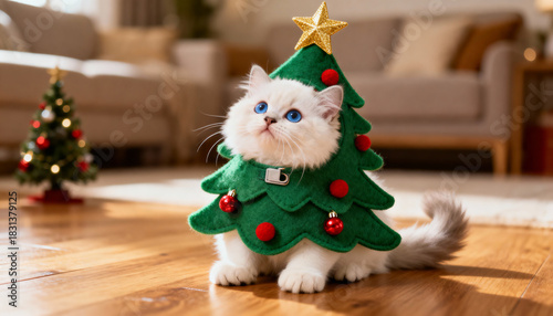 Adorable cute kitten in festive christmas tree costume. funny cat celebrates holiday indoor, looking up with sweet happy expression
