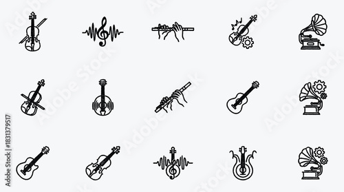 Musical Instruments and Audio Technology Icons representing music creation and listening