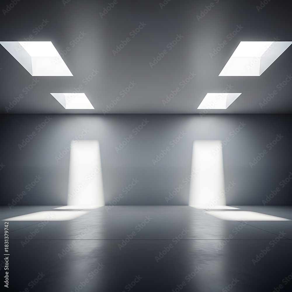 Fototapeta premium Empty concrete room with bright light from skylights and two luminous doorways.