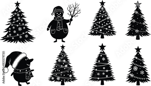 Christmas tree silhouettes, festive holiday characters, snowman and bear icons, winter celebration graphics, black vector design, seasonal decoration elements