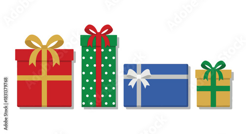 Set of colorful Christmas gift boxes with ribbons and bows. Collection of flat vector presents in various shapes and sizes isolated on white background