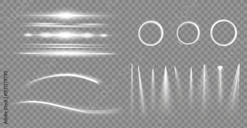 Light effect set. Glow isolated white transparent light effect set, lens flare, explosion, glitter, dust, line, sun flash, spark and stars, spotlight, curve twirl.