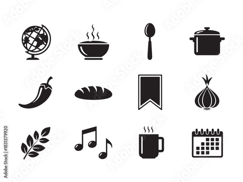 Global Soup Icons. Global Soup Event silhouette icon set. globe, bowl, spoon, pot, chili pepper, bread, herbs, garlic, banner, music note, cup, calendar