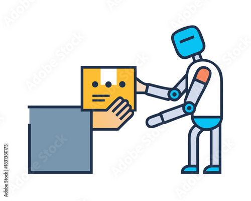Robot hands a package to a man