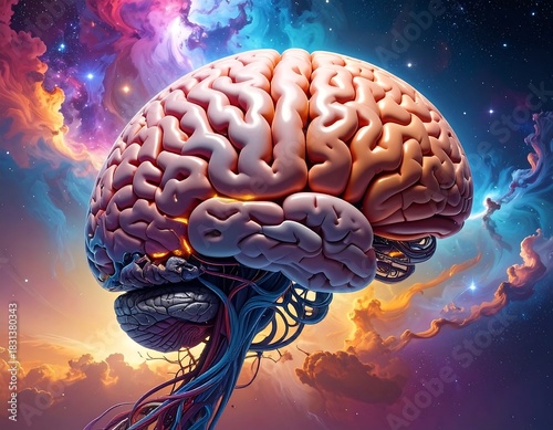 Surreal brain illustration against a colorful, cosmic background