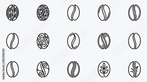 Stylized Coffee Bean Icons Set Isolated on White Background Vector Illustration