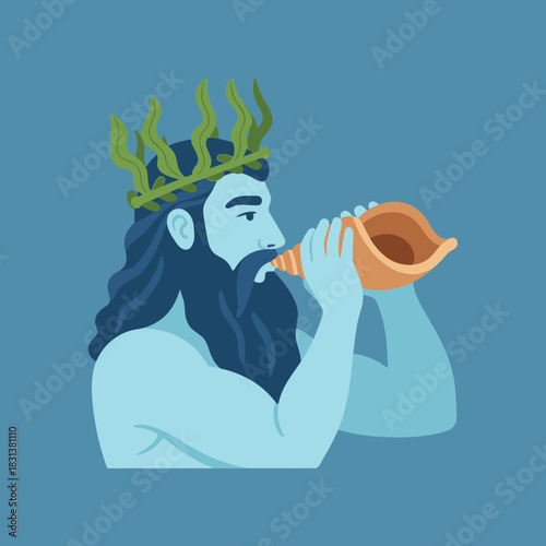 Man with beard and crown blowing a horn illustration.