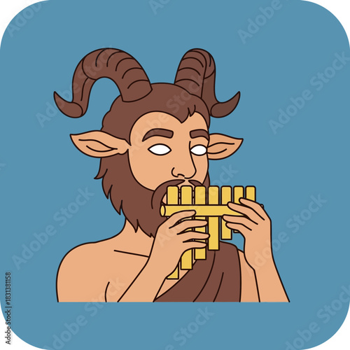 Cartoon satyr with horns plays pan flute musical instrument mythology figure.