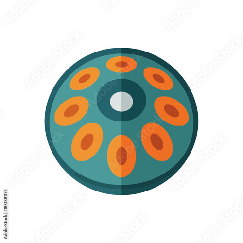 Teal handpan instrument with orange oval shapes and a central silver circle.