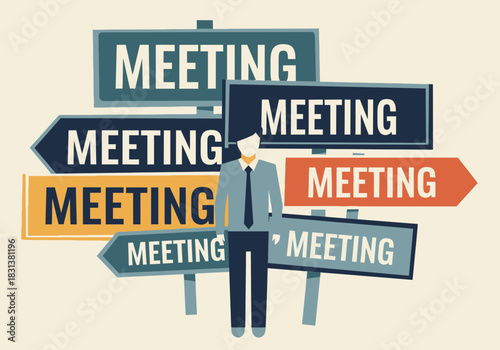 Man stands amidst multiple signs pointing to meetings.