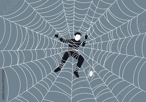 Person trapped in a large spider web, struggling to escape.