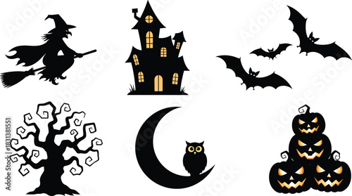 Halloween silhouette clipart, spooky witch, haunted house, flying bats, eerie tree, jack-o'-lantern stack, crescent moon owl, festive vector