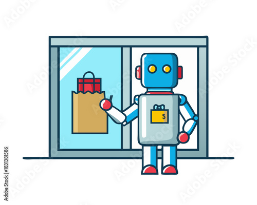A robot is standing in front of a window with a box in its hand. The robot appears to be holding a bag of groceries
