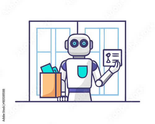 A robot is standing in front of a window with a box in its hand. The robot appears to be holding a bag of groceries
