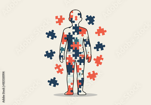 Human figure composed of puzzle pieces, with scattered pieces around.