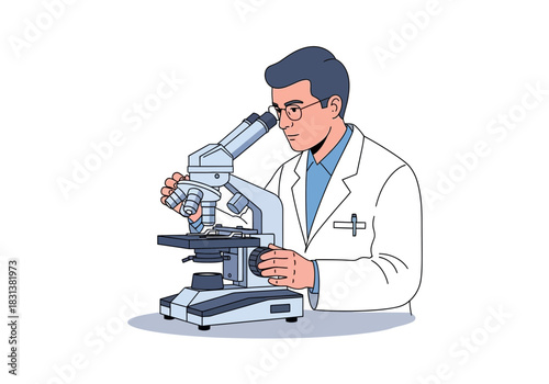 Scientist in lab coat examining specimen under a microscope.