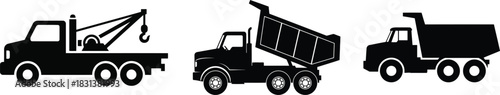 Heavy Truck Icons: Tow, Dump, and Hauling Vehicle Silhouettes for Logistics and Industry.