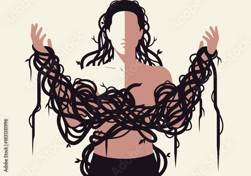 Woman entangled in dark strands, arms outstretched, facing forward.