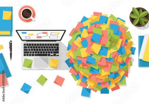 Desk with laptop, coffee, and a large pile of colorful sticky notes.