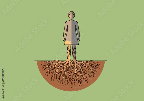 Human figure with roots growing from feet into soil.