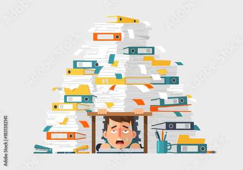 Man crushed under a huge pile of documents and office supplies.