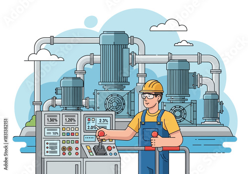 Technician operates machinery with pipes and motors in industrial setting.