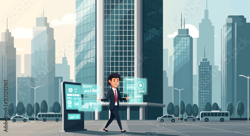Businessman interacting with urban digital information display in futuristic city