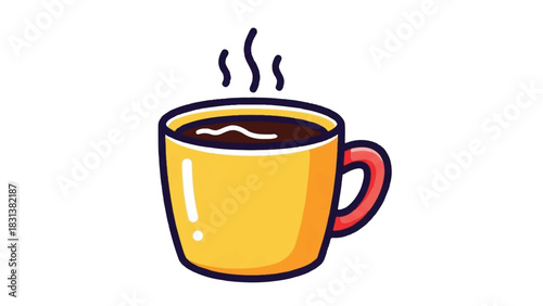 A steaming cup of coffee in a yellow mug is a warm beverage.