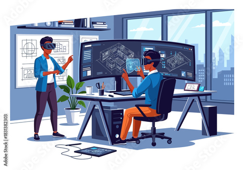 Two people use virtual reality headsets for a collaborative digital design project.