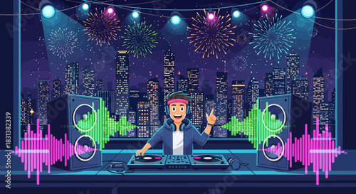 Nightlife DJ mixing electronic music in a vibrant city with fireworks