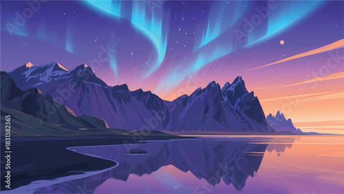 Mountain lake view with aurora sky Illustrator Artwork Banner Background Design Template 