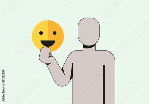 Person holding a smiling face emoji mask.