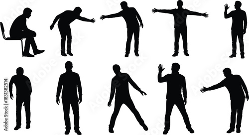 Human gesture silhouette set, body posture poses, sitting standing waving, black vector, animation reference, gesture recognition, expressive movement, artistic figure illustration