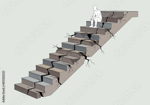 Cracked stairs ascend with a solitary figure seated at the top.