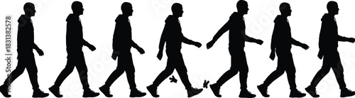 Human walking silhouette sequence, biomechanics motion, gait cycle illustration, black vector, animation reference, physical therapy, movement study, posture analysis, step progression, motion phases