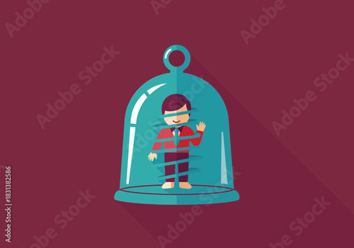 Cartoon person trapped inside a glass dome waving.