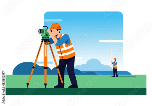 Surveyor using equipment with assistant holding prism pole in landscape.