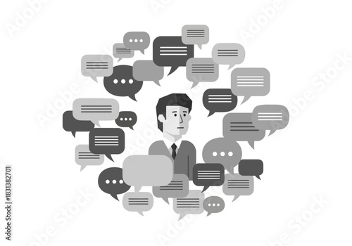Man surrounded by many speech bubbles conveying messages and thoughts.