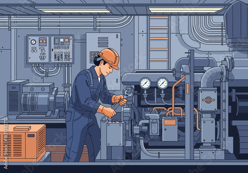 Worker in hard hat and safety gear operating machinery in a factory.