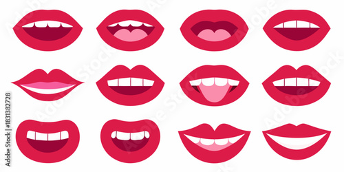 Set of red lips with different expressions and emotions vector illustration