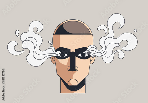 Stylized face with smoke emanating from eyes, conveying intensity.