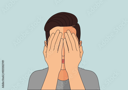 Person covering face with hands, eyes closed, showing distress or hiding.