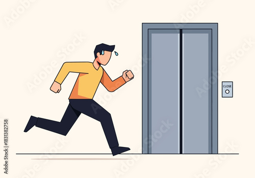 Man running towards an elevator with a call button.