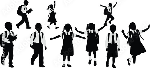 School children silhouettes, uniformed students walking, jumping, standing, black vector, backpacks and ties, education theme, student activity, childhood motion, classroom concept