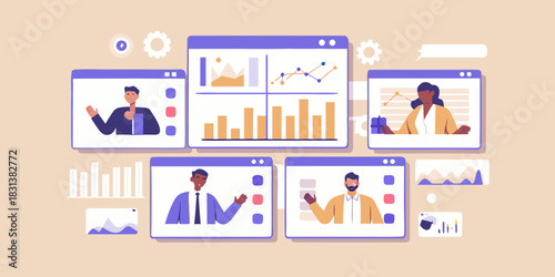 Virtual business meeting with data analysis and diverse participants
