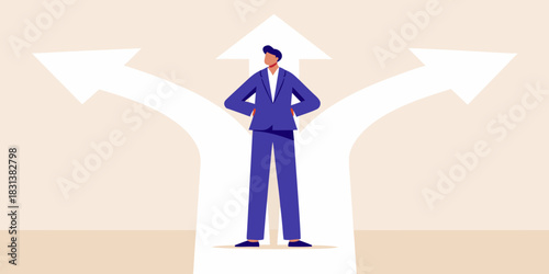 Business man at crossroads making a decision with three arrow options