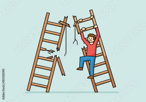 Person climbing a broken ladder while another ladder is damaged.